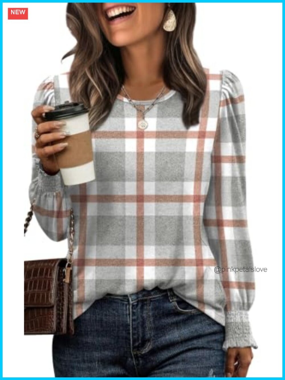 XIEERDUO Women's Plaid Tunic Top Long Sleeve Smocked Cuff Blouse